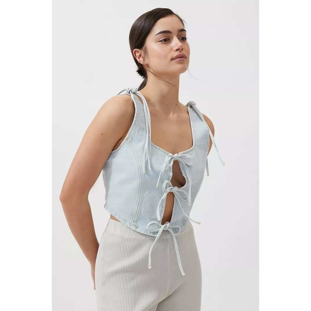 NWT Milk It Romance Denim Tie Detail Corset Top Lt Stone Stonewash Size 10 NEW